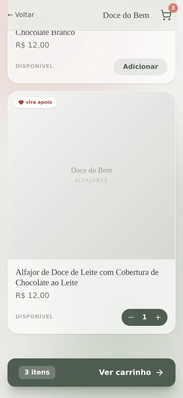 Menu da loja no celular.