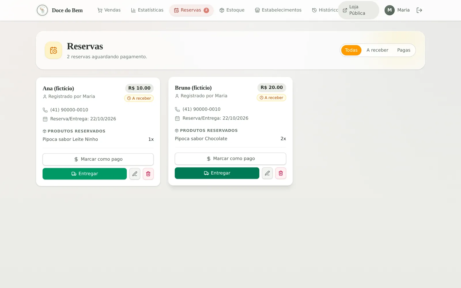 Tela de reservas com cartões “A receber”, “Marcar como pago” e “Entregar”.