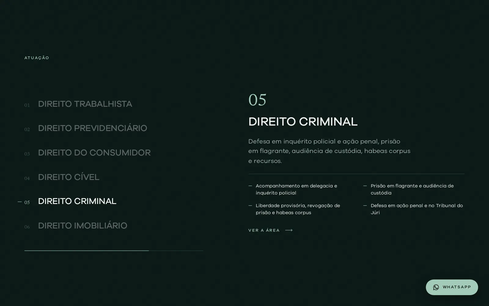 Seção de áreas de atuação com a lista de seis áreas e o detalhe do Direito Criminal.