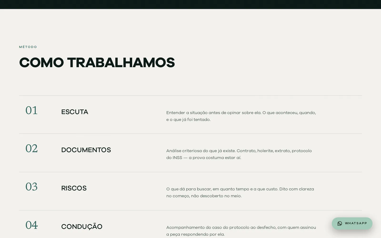 Seção “Como trabalhamos” com os passos Escuta, Documentos, Riscos e Condução.