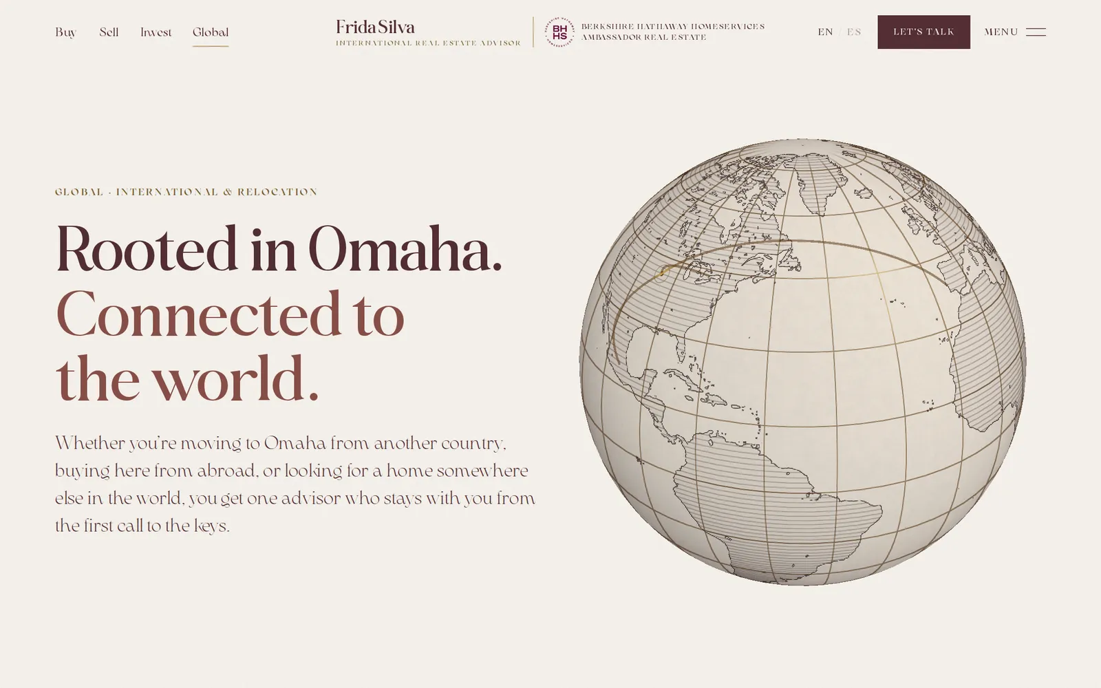 Página Global com o globo gravado e o título “Rooted in Omaha. Connected to the world.”