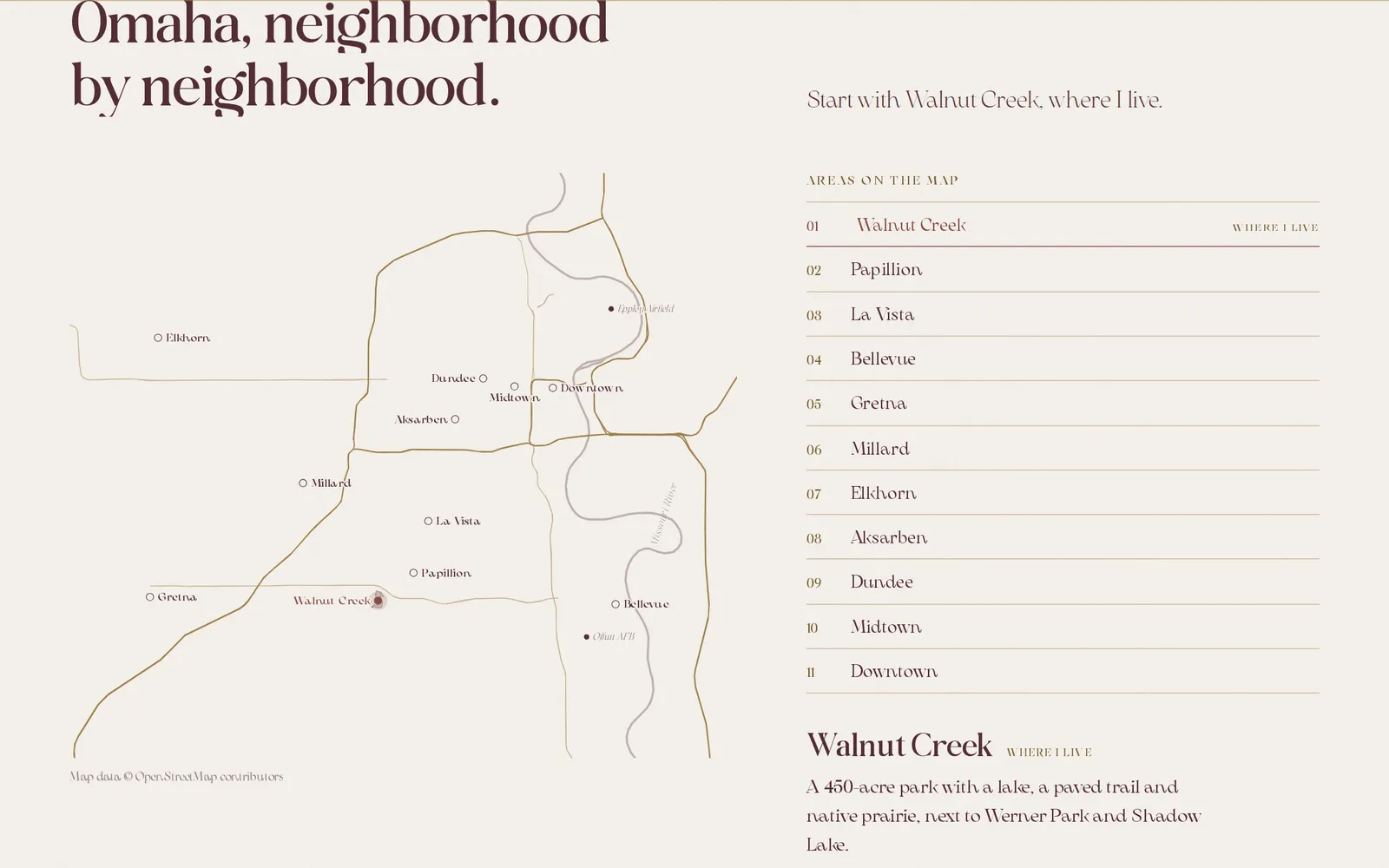 Mapa ilustrado de Omaha com a lista de bairros.